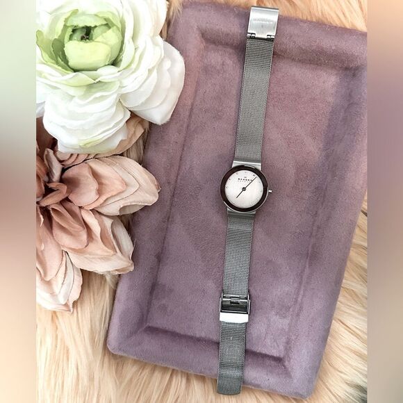 Skagen Silver Band Mesh Women’s Watch Mirror & Crystal Accent Face LIKE NEW!
